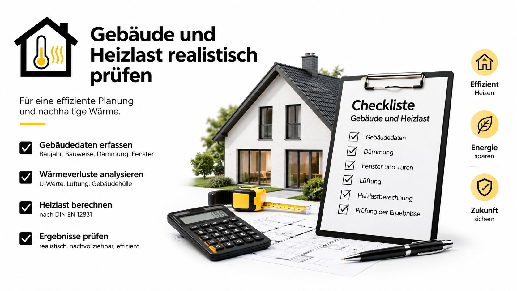 Eine Checkliste zur effizienten Planung von Wärmepumpen durch realistische Gebäude- und Heizlastberechnung sowie energetische Analyse des Hauses.