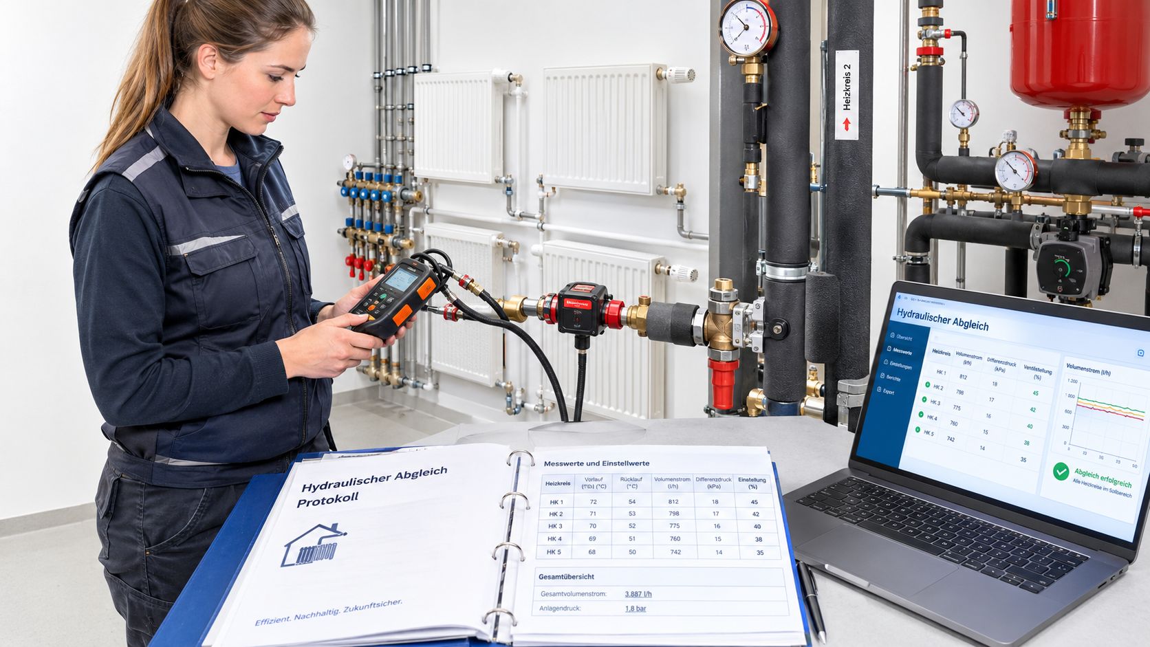 Eine Fachkraft führt einen hydraulischen Abgleich an einer Heizungsanlage durch und dokumentiert die Ergebnisse in einem Protokoll.