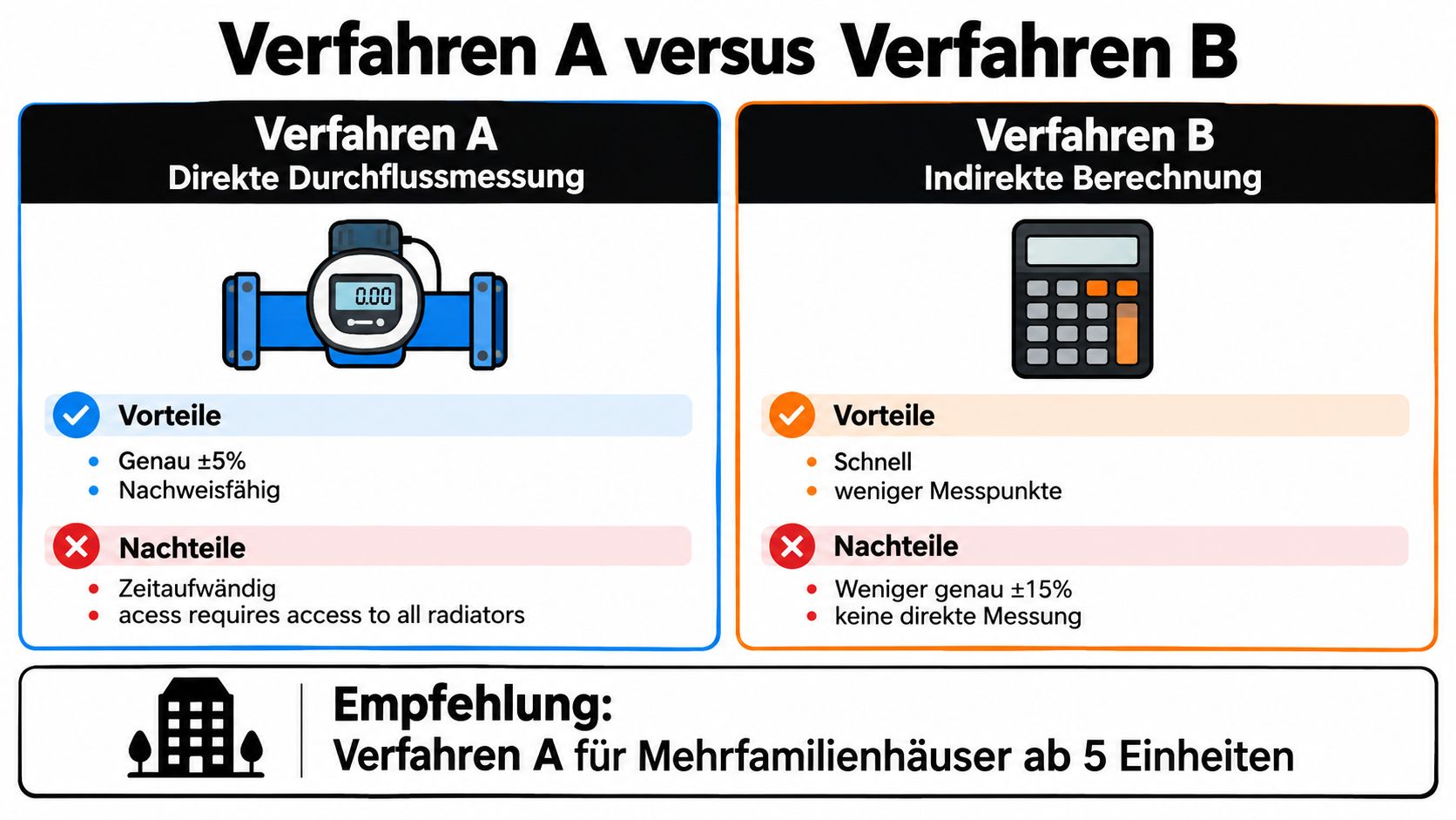 Vergleich zwischen direkter Durchflussmessung und indirekter Berechnung zur effizienten Optimierung der Heizungsanlage in Mehrfamilienhäusern.
