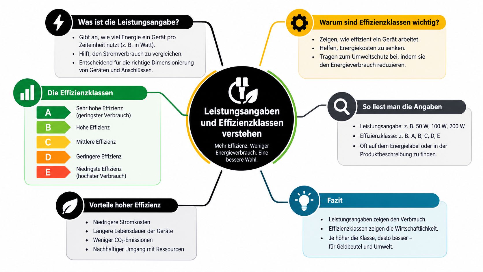 Eine Infografik erklärt die Bedeutung von Leistungsangaben und Effizienzklassen für den Stromverbrauch und den Umweltschutz.