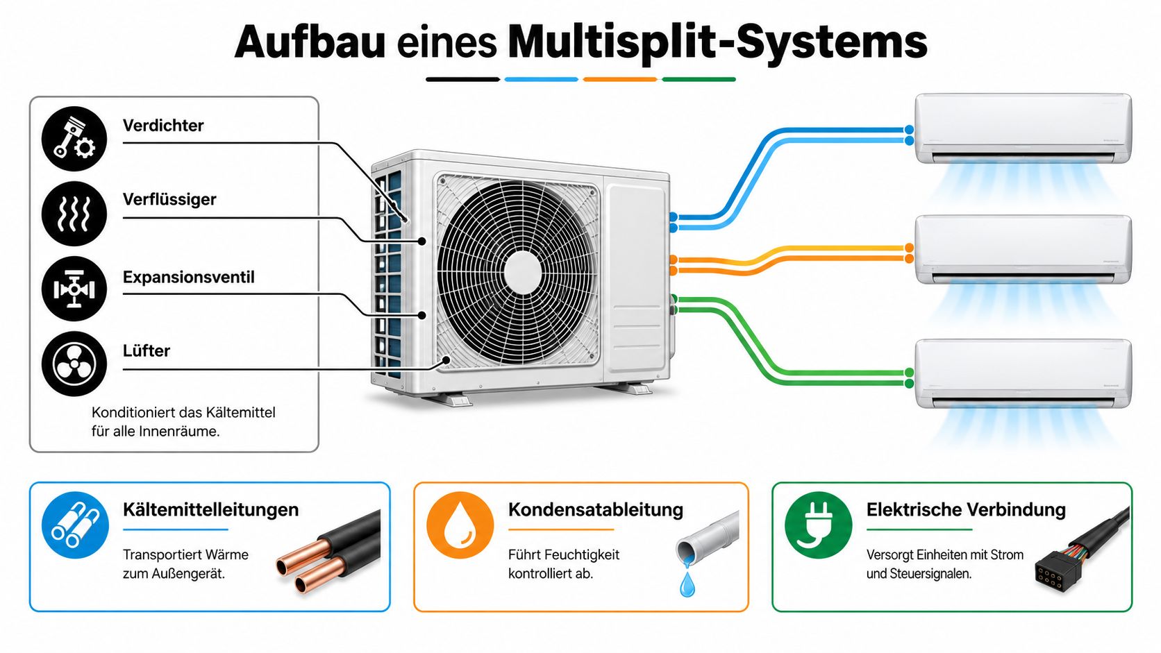 Schematische Darstellung eines Multisplit-Klimasystems mit Außengerät, Innengeräten, Kältemittelleitungen, Kondensatableitung und elektrischen Verbindungen.