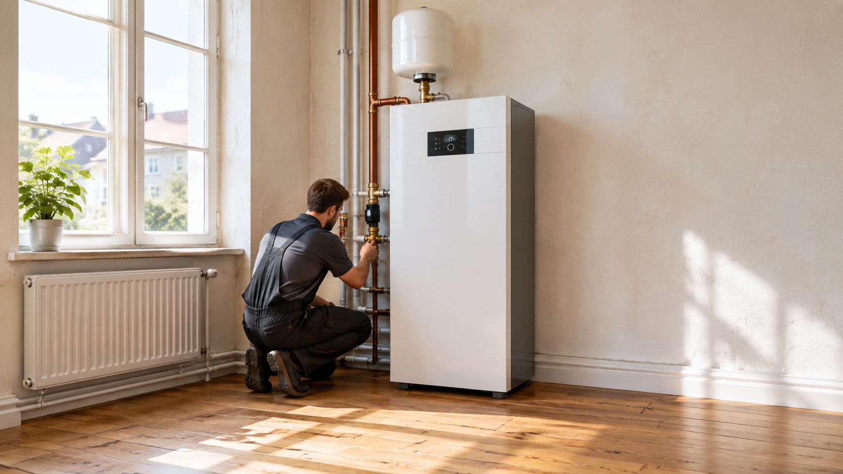 Ein Handwerker installiert eine moderne Wärmepumpe in einem hellen Wohnraum mit Holzboden und einem weißen Heizkörper.