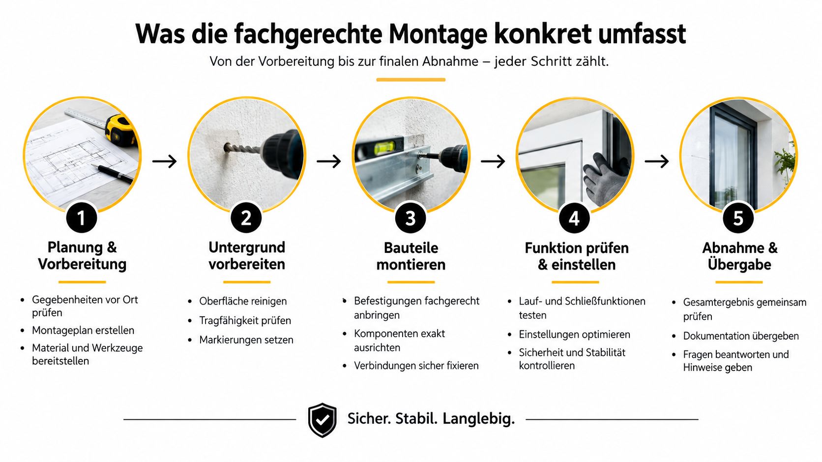 Eine Infografik mit fünf Schritten, die den fachgerechten Montageprozess von der Planung bis zur finalen Abnahme veranschaulicht.
