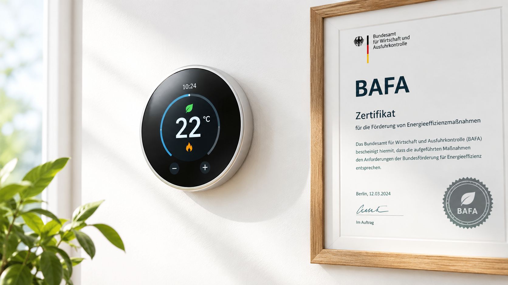 Ein intelligentes Thermostat an einer Wand neben einer BAFA-Zertifikatsurkunde für Energieeffizienzmaßnahmen.