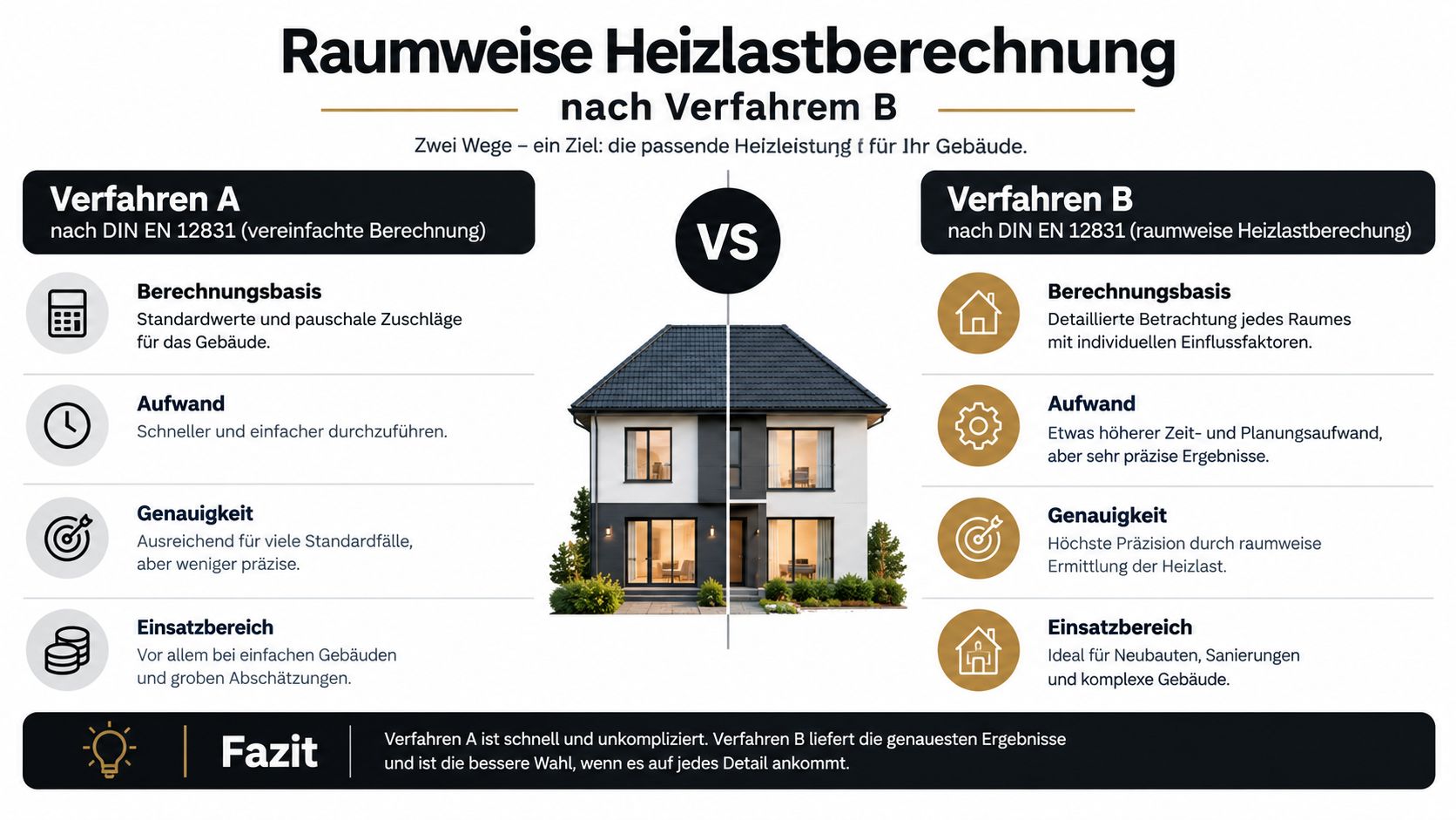 Vergleichsgrafik zwischen Verfahren A und B für die raumweise Heizlastberechnung nach der DIN EN 12831 Norm.