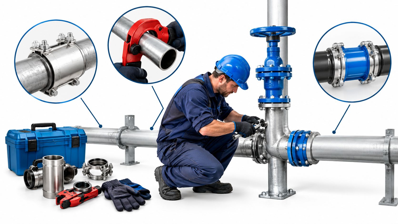 Ein Installateur in Arbeitskleidung montiert professionell Rohre an einer Industrieanlage mit passenden Werkzeugen und Verbindungsstücken im Bild.