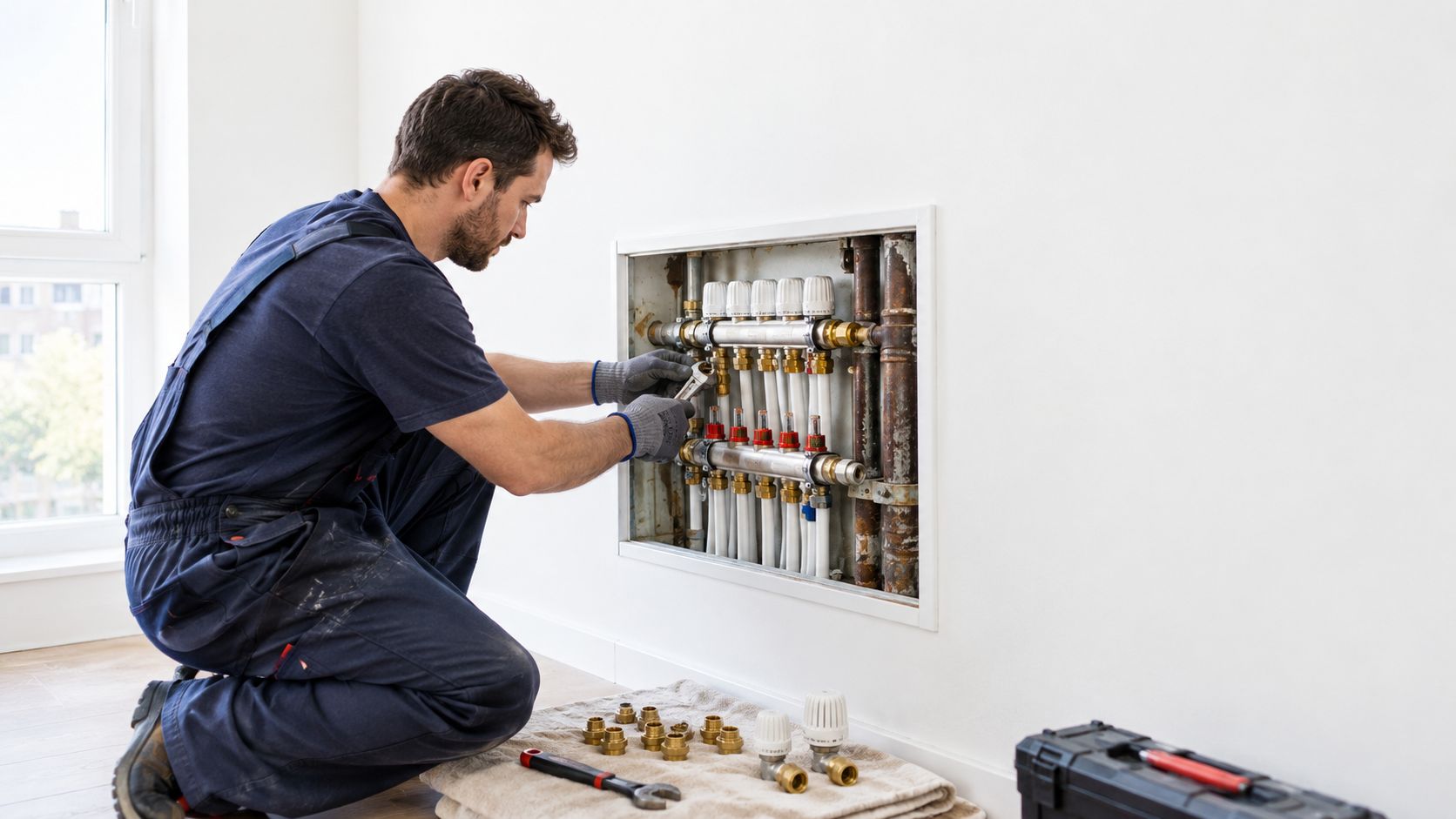 Ein Handwerker führt Wartungsarbeiten an einer Heizungsverteileranlage in einer weißen Wand mit Werkzeug auf dem Boden durch.