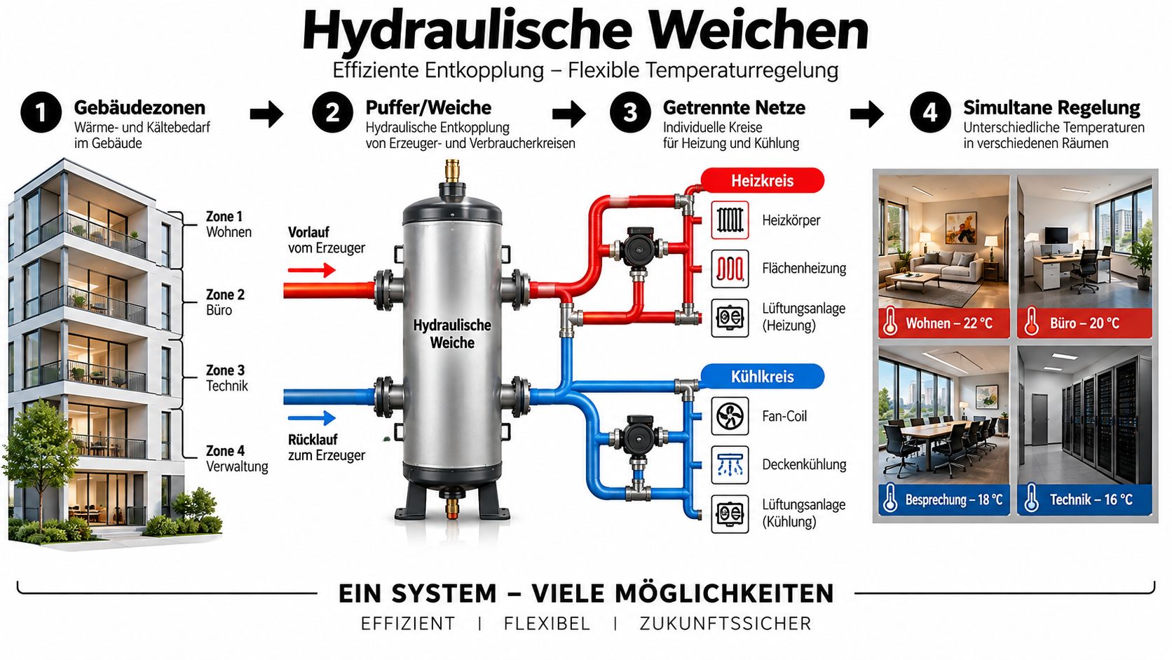 Eine grafische Darstellung einer hydraulischen Weiche zur effizienten Temperaturregelung und Energieverteilung in einem großen Bürogebäude.