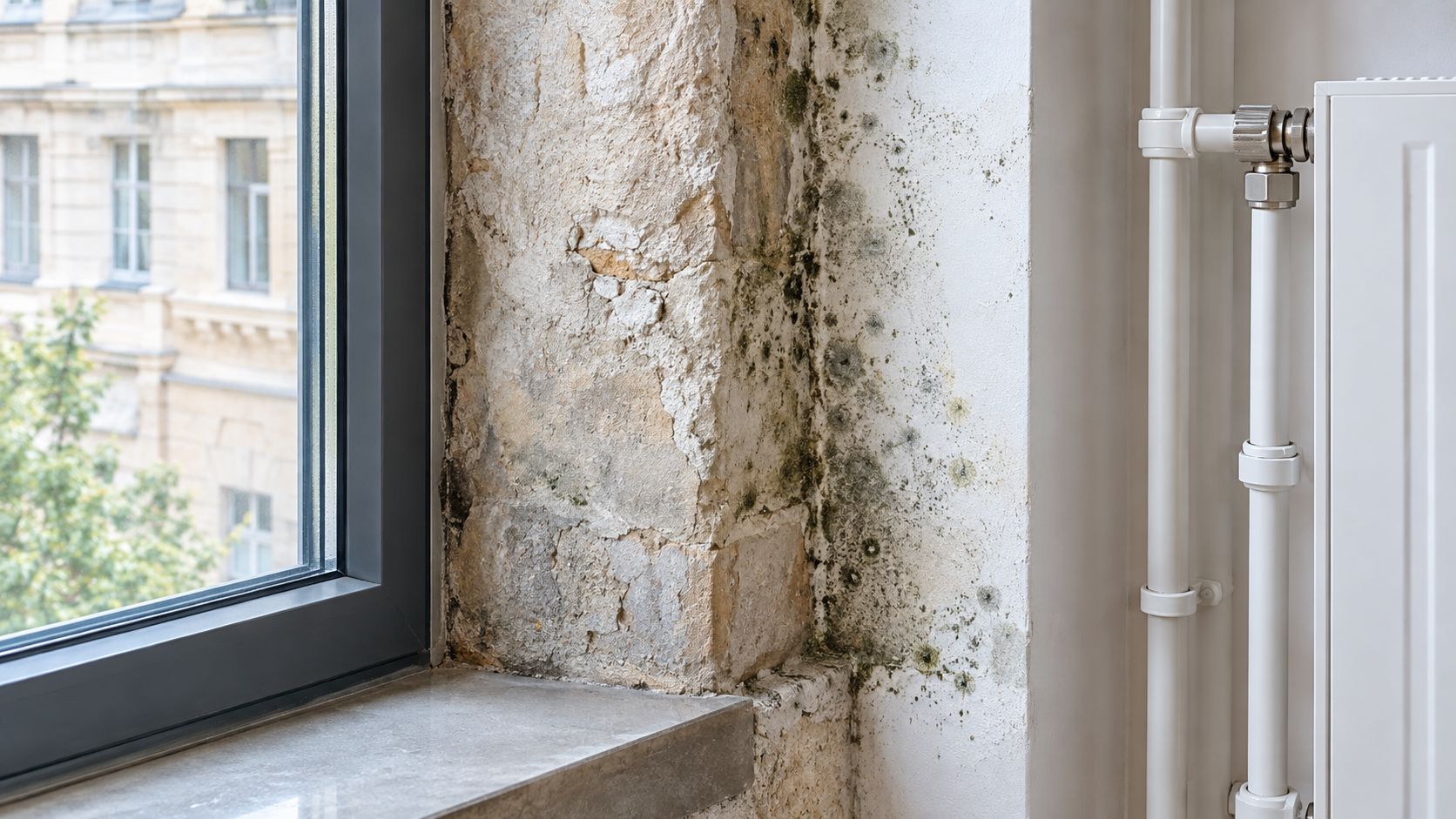 Starke Schimmelbildung an einer feuchten Zimmerwand neben einem Fenster und einem Heizkörper in einer Wohnung.