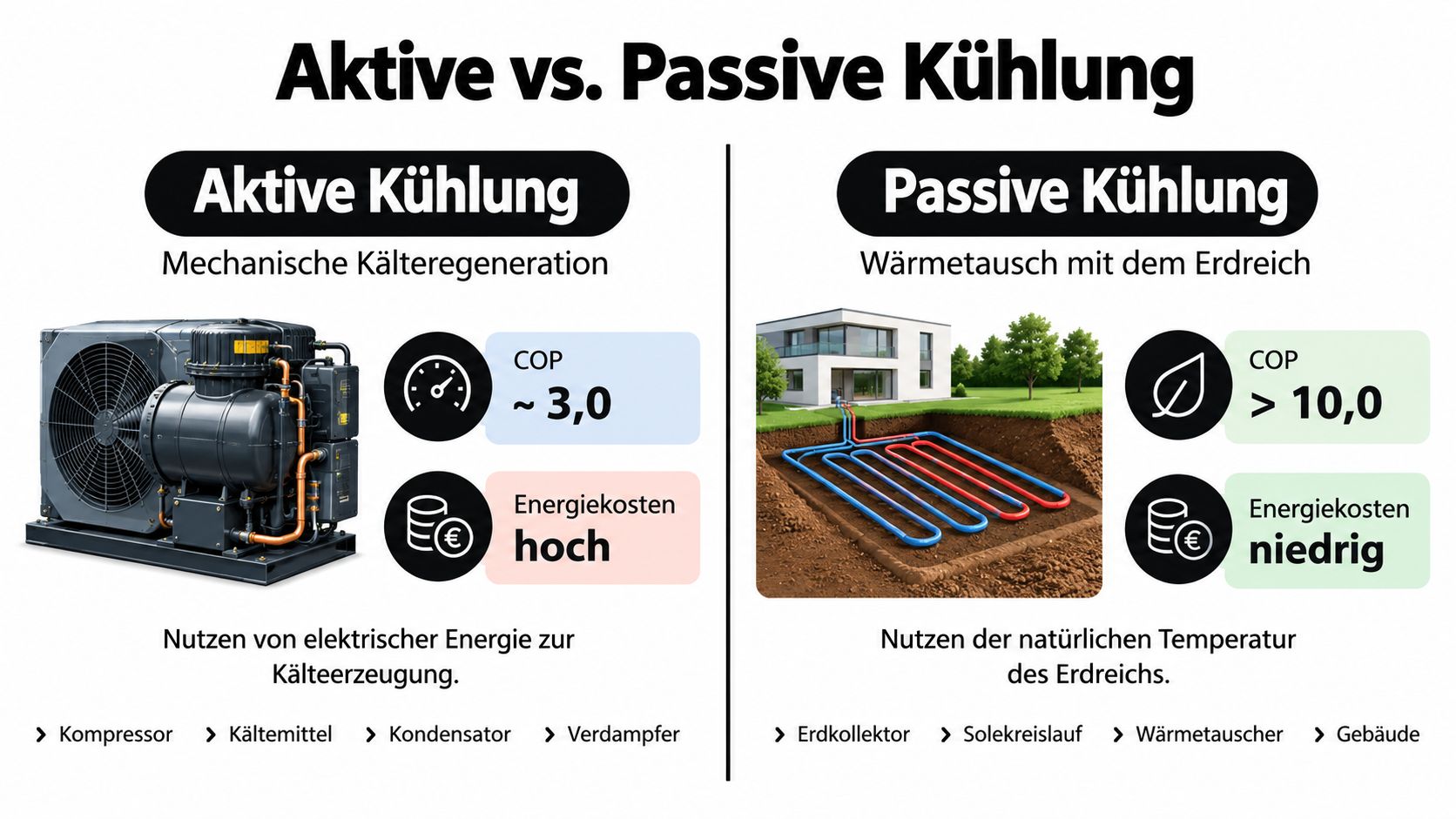 Vergleichsgrafik zwischen aktiver Kühlung mit Kompressor und passiver Kühlung über die natürliche Erdtemperatur und Wärmetauscher.