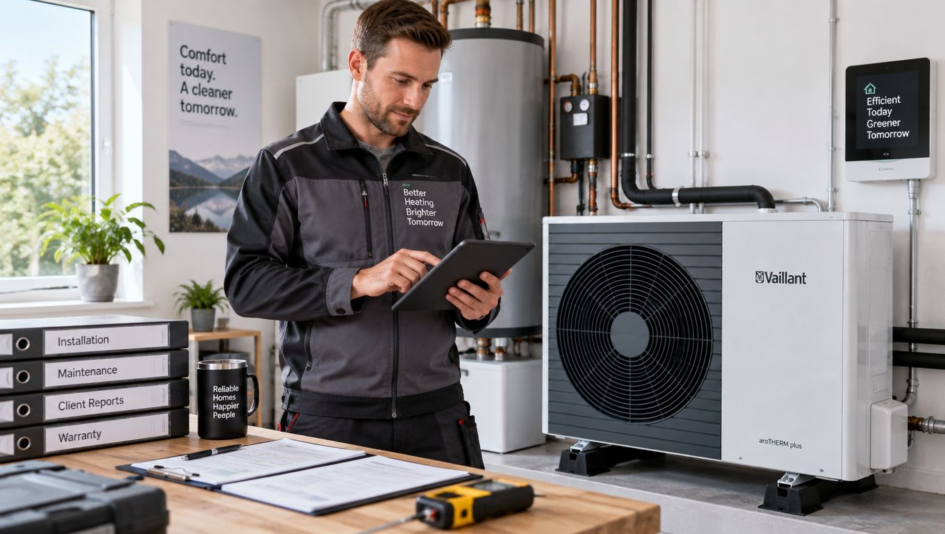 Ein Techniker überprüft mit einem Tablet eine Vaillant aroTHERM plus Wärmepumpe in einem modernen Heizungsraum.