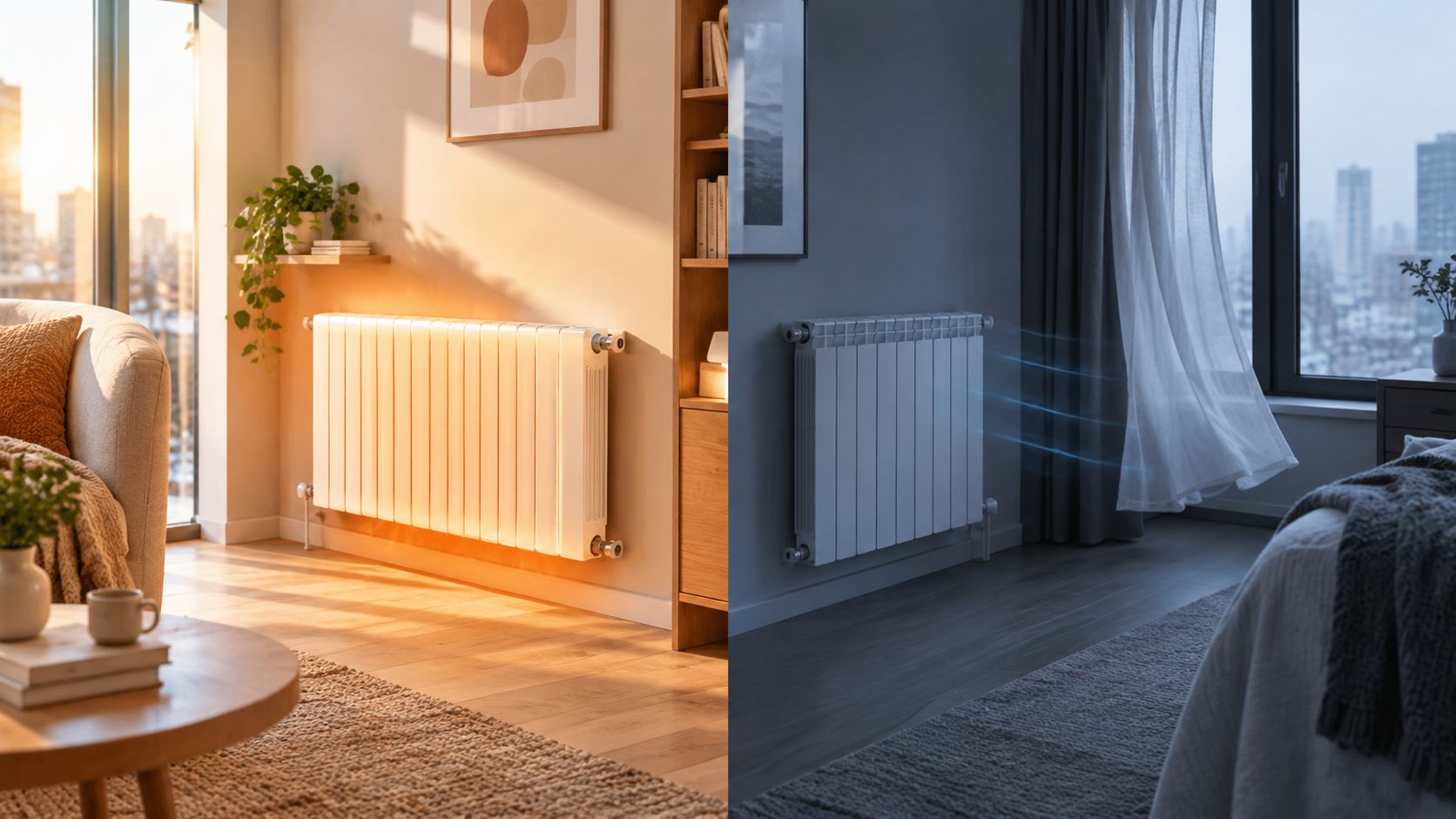 Ein Vergleich zwischen einem warmen, sonnendurchfluteten Wohnzimmer und einem kühlen, nächtlichen Schlafzimmer mit Heizkörpern in beiden Räumen.