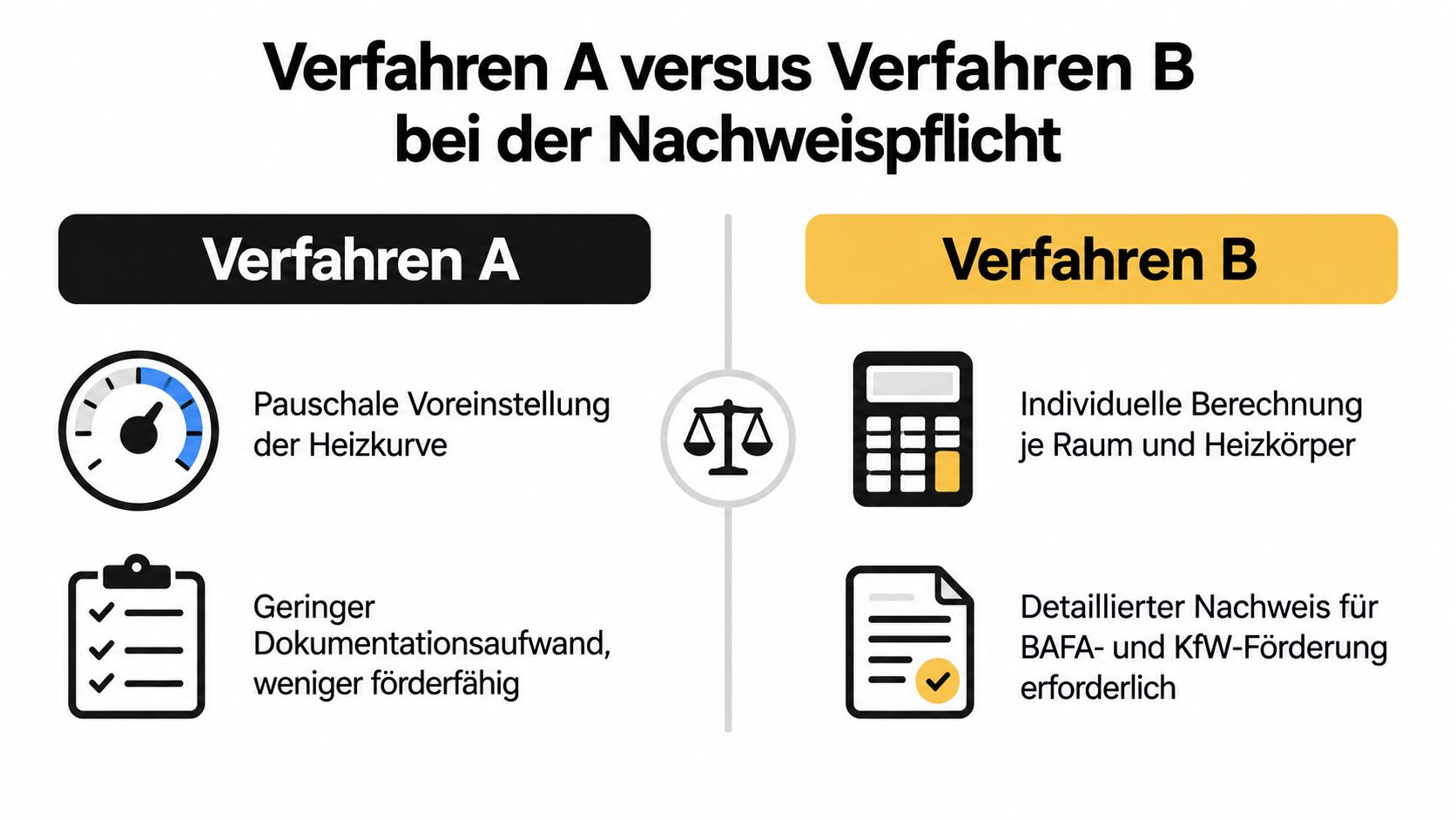 Vergleich zwischen Verfahren A und Verfahren B für den hydraulischen Abgleich bei der staatlichen Förderung von Heizsystemen.