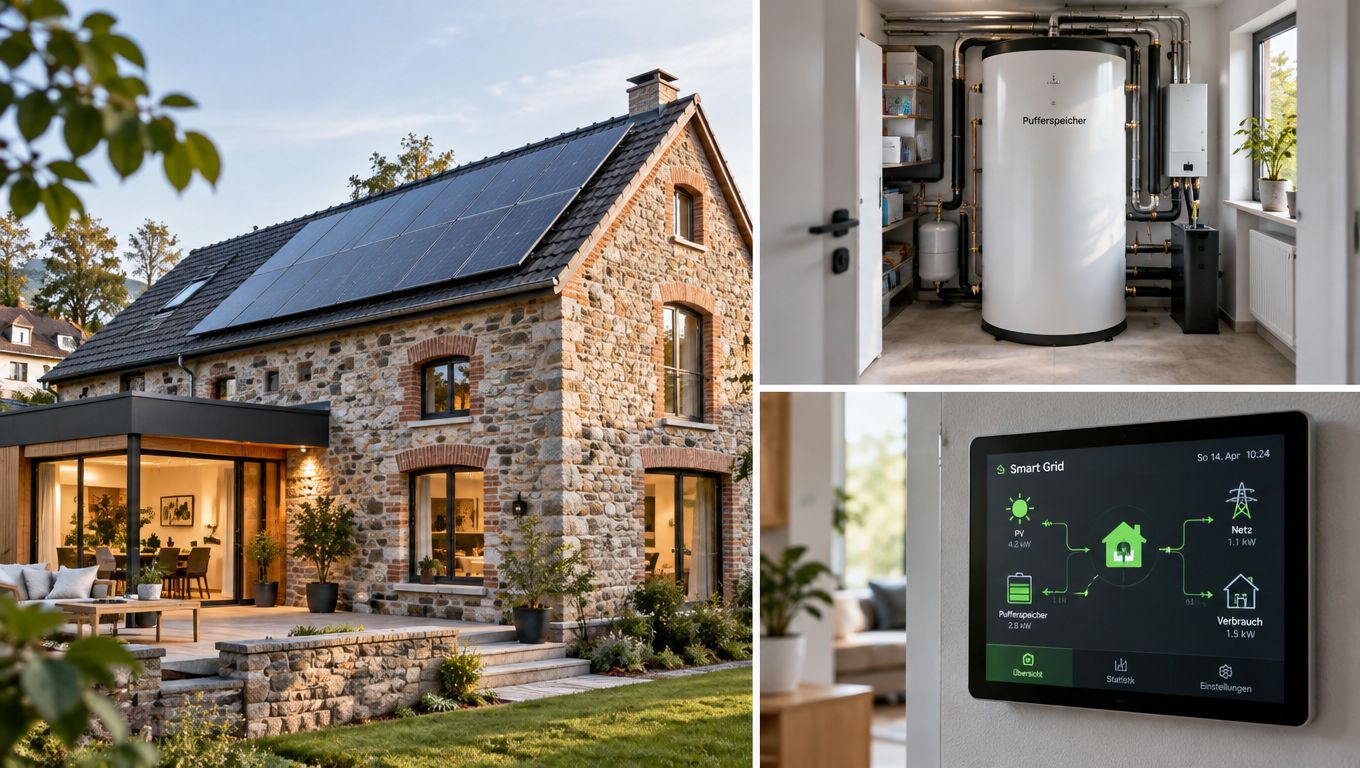 Ein renoviertes Steinhaus mit Solaranlage, Wärmepumpenspeicher und einem Smart-Grid-Steuerungsdisplay für nachhaltiges Energiemanagement zu Hause.
