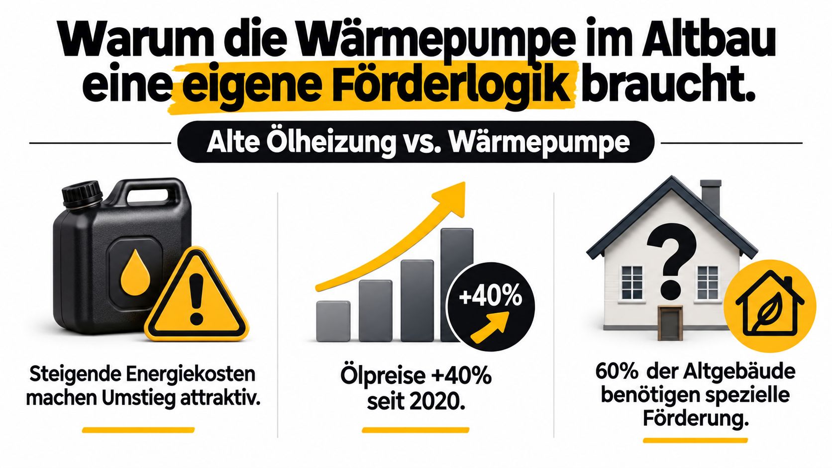 Infografik zur Notwendigkeit spezieller Förderungen für Wärmepumpen bei der energetischen Sanierung von Altbauten in Deutschland.