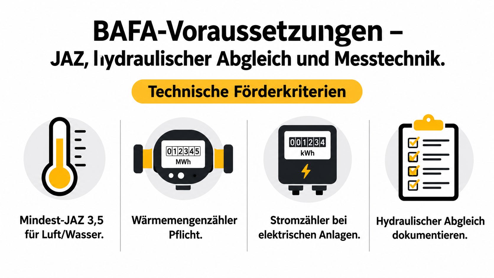 Übersicht zu BAFA-Voraussetzungen für Wärmepumpen wie JAZ, Wärmemengenzähler, Stromzähler und der verpflichtende Nachweis für einen hydraulischen Abgleich.