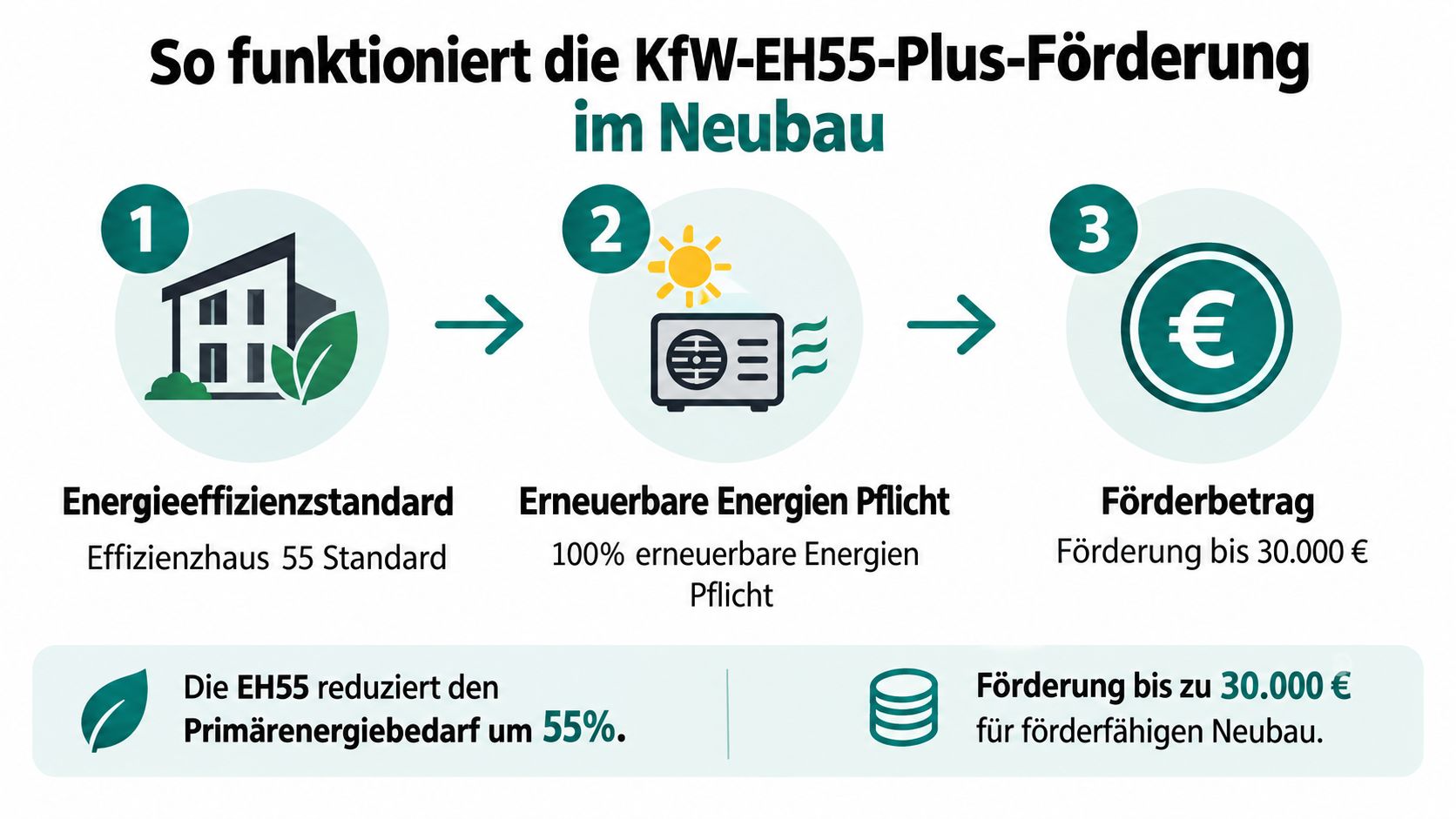 Eine Infografik zur KfW-Förderung für den EH55-Neubau mit Hinweisen zu Effizienzhaus-Standard, erneuerbaren Energien und maximaler Förderungssumme.