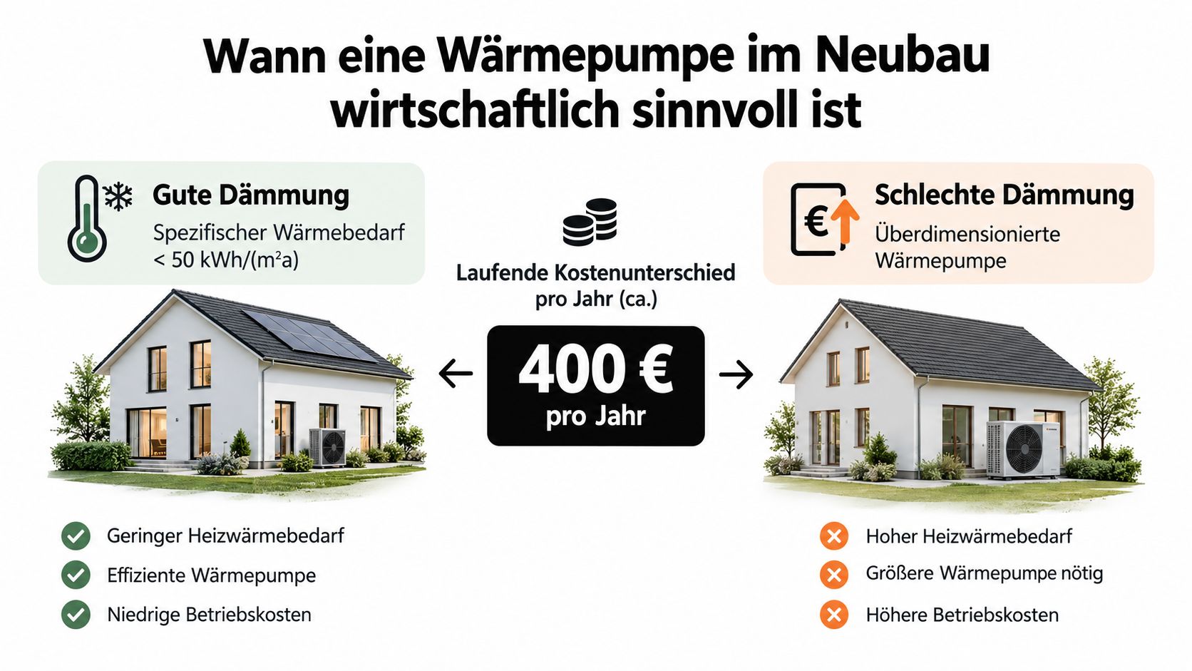 Vergleich zwischen einer effizienten Wärmepumpe im gut gedämmten Neubau und einer weniger wirtschaftlichen Variante bei schlechter Dämmung.
