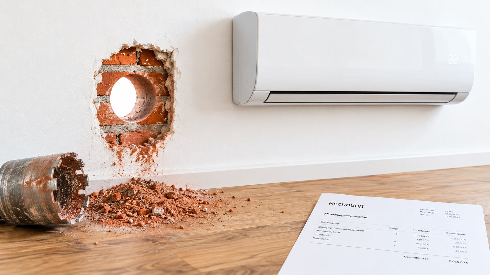 Ein Wanddurchbruch für die Montage einer modernen Split-Klimaanlage mit einer Rechnung auf dem Boden liegend.