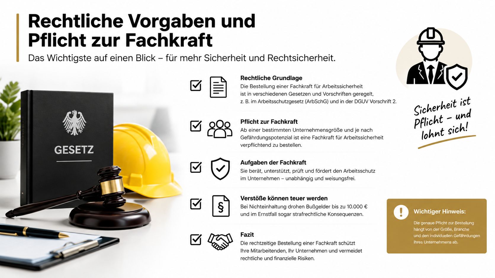Grafik über die gesetzliche Pflicht zur Bestellung einer Fachkraft für Arbeitssicherheit in Unternehmen inklusive rechtlicher Hintergründe.