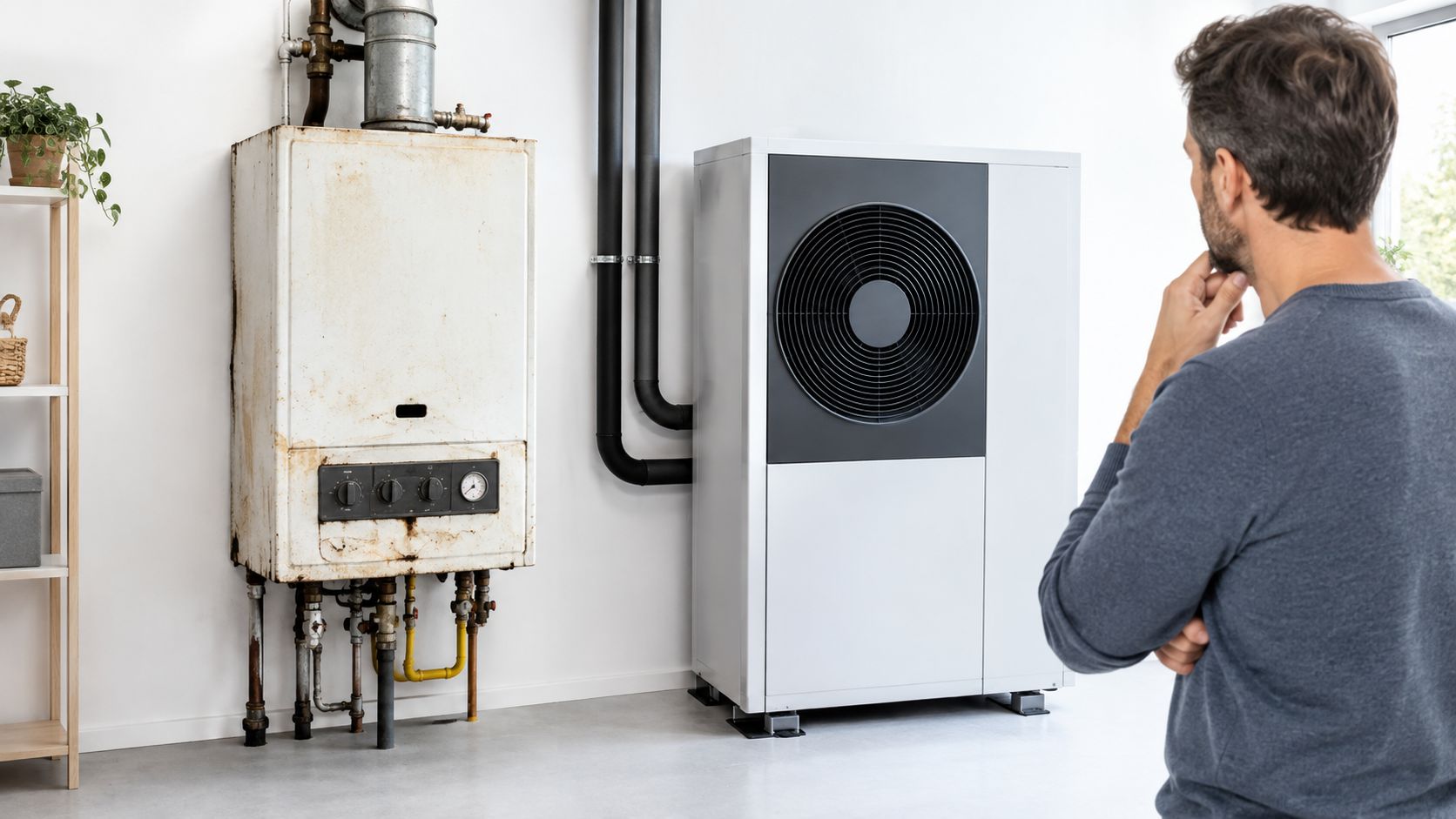 Ein Mann betrachtet nachdenklich eine alte Gasheizung neben einer neuen modernen Wärmepumpe in einem hellen Raum.