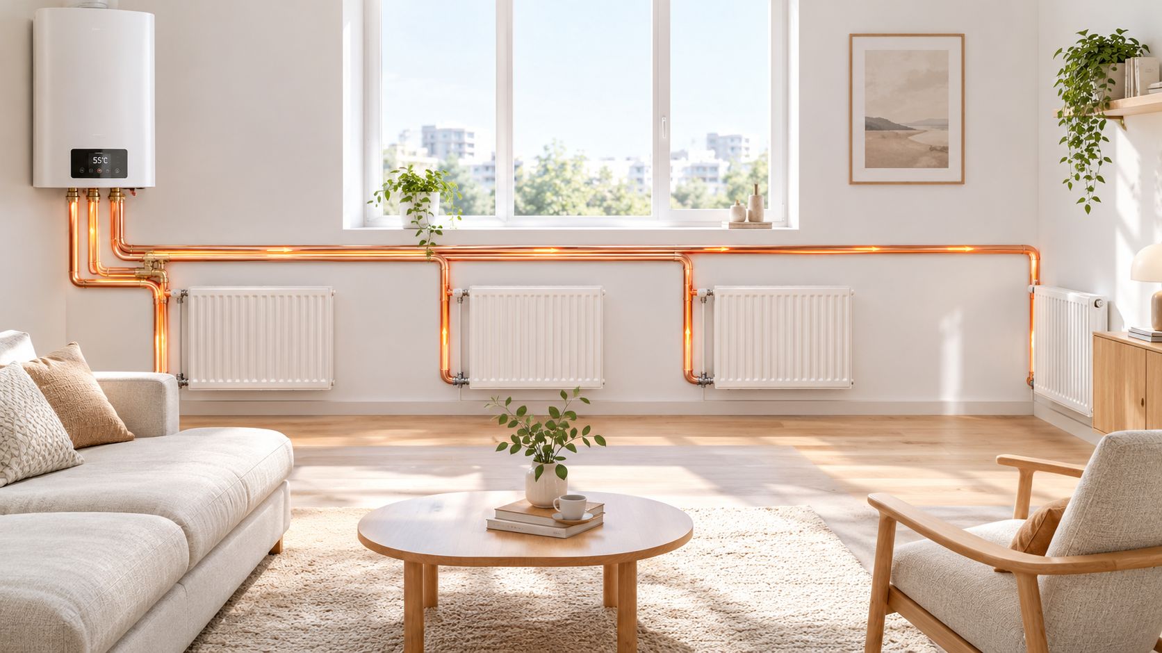 Ein moderner Wandheizkessel mit sichtbarem Rohrsystem und weißen Heizkörpern in einem hell eingerichteten, gemütlichen Wohnzimmer.
