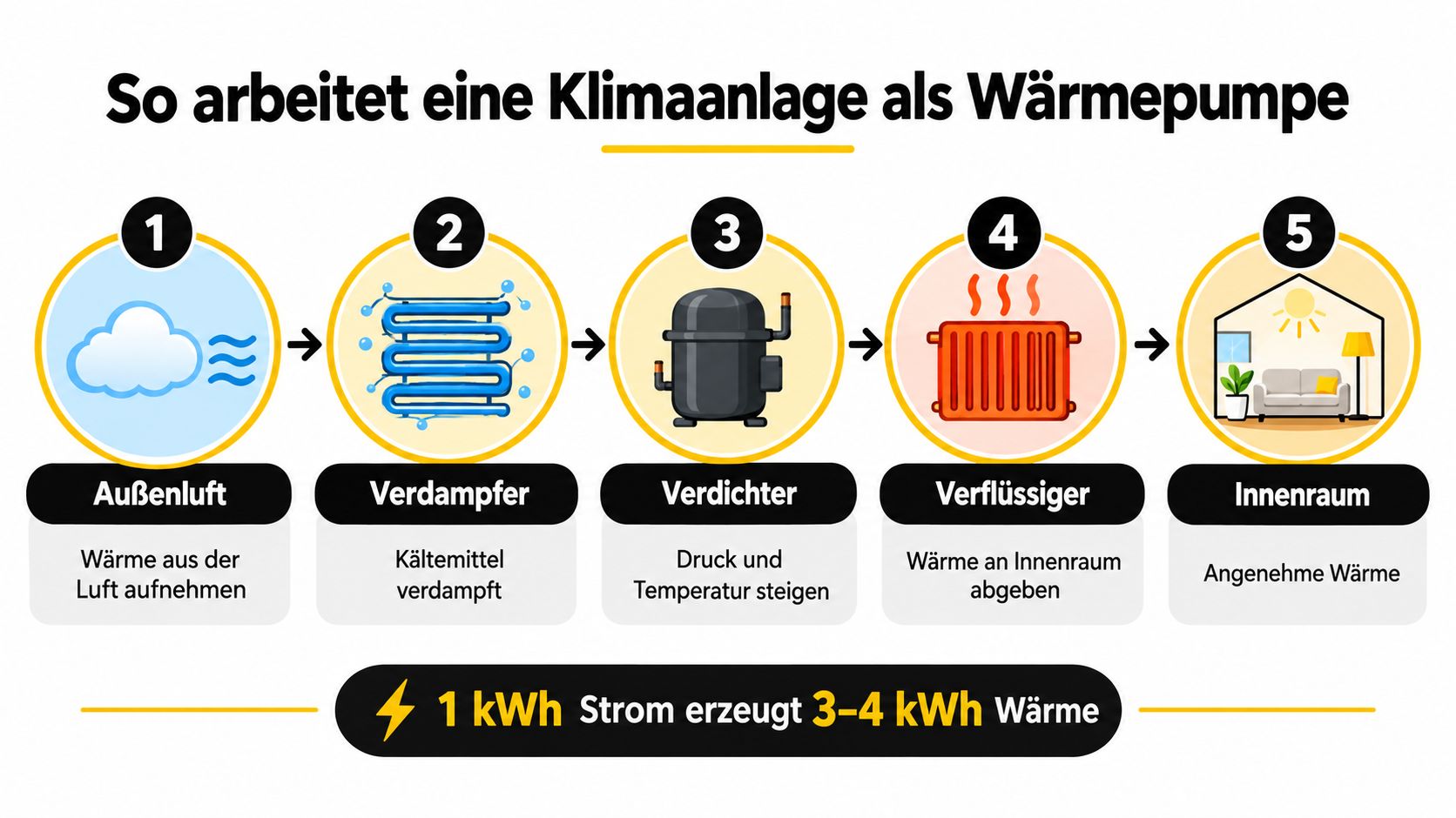 Eine Infografik erklärt, wie eine Klimaanlage als Wärmepumpe arbeitet und effizient Wärme für Innenräume erzeugt.