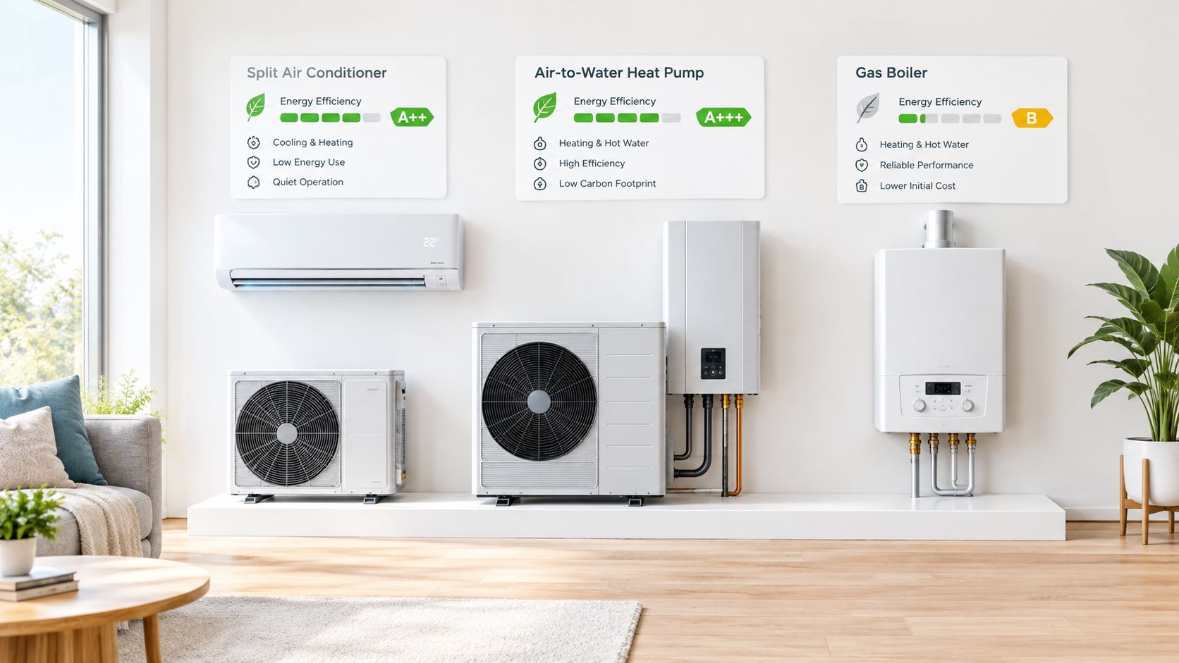 Vergleich zwischen einer Split-Klimaanlage, einer Luft-Wasser-Wärmepumpe und einem Gasheizkessel zur Beheizung von Wohnräumen.