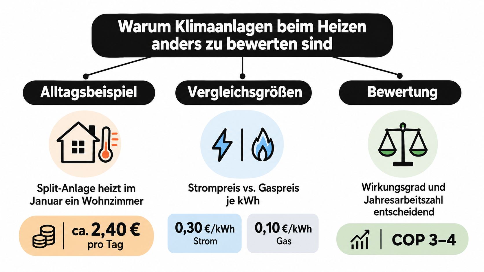 Eine Infografik zur Bewertung von Klimaanlagen beim Heizen mit Beispielen zu Strompreisen, Wirkungsgrad und Kosten.