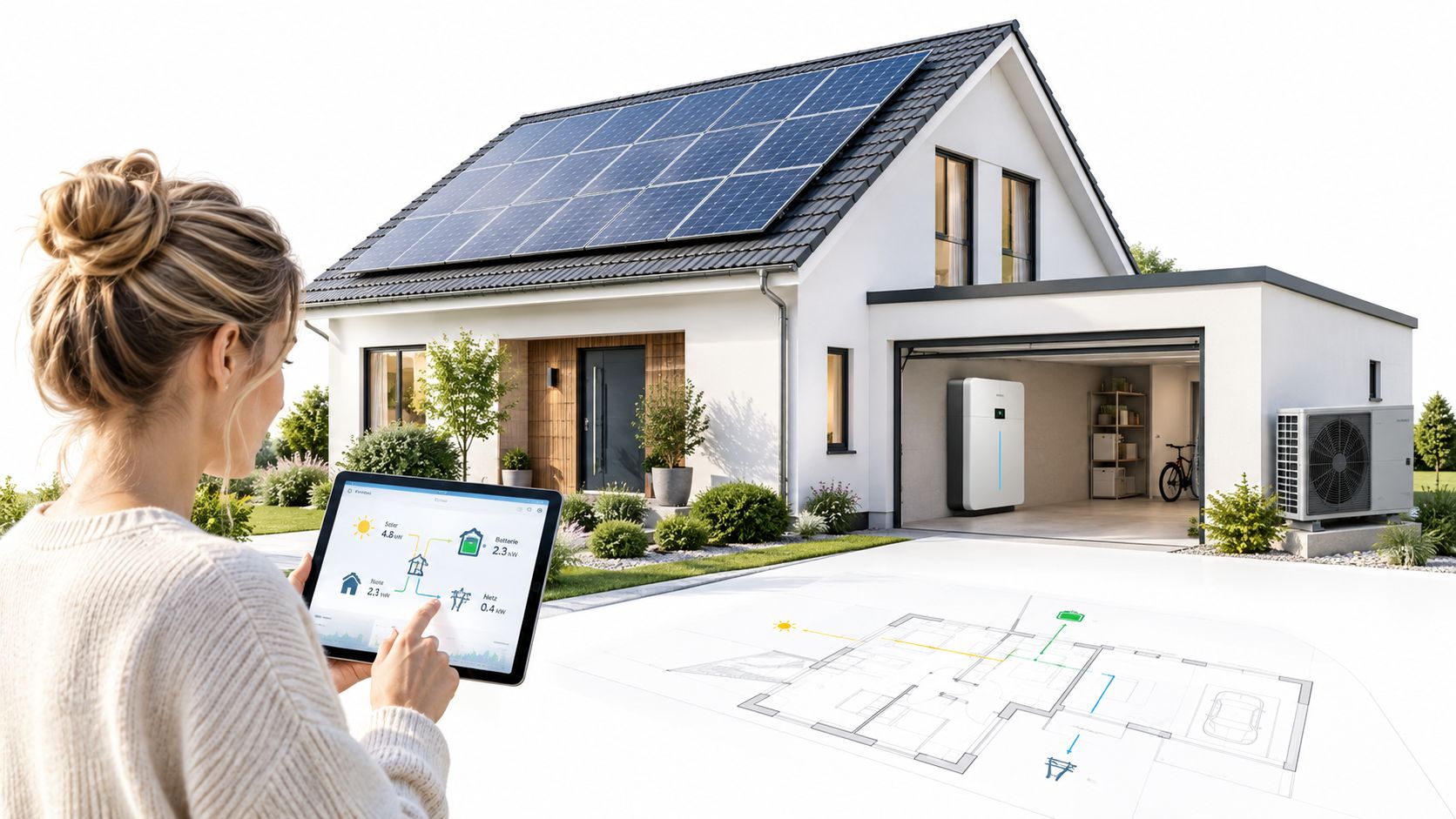 Eine Frau nutzt ein Tablet zur Steuerung der Photovoltaikanlage, Wärmepumpe und Batteriespeichersystems in einem modernen Einfamilienhaus.