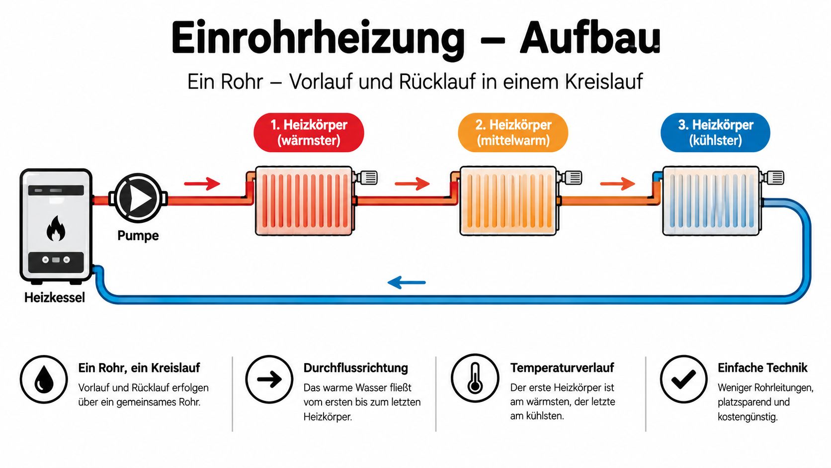 Schema einer Einrohrheizung mit Heizkessel, Pumpe und drei in Reihe geschalteten Heizkörpern mit abnehmender Temperatur.