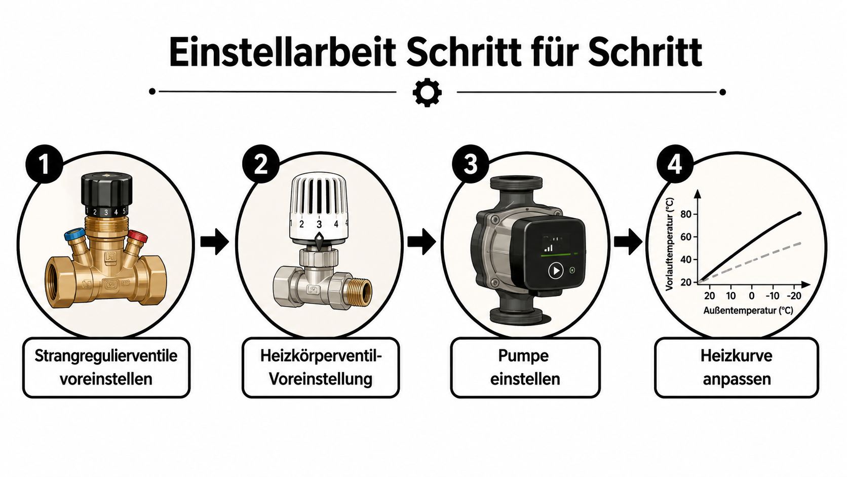 Eine Infografik zeigt die vier Schritte zur Durchführung eines hydraulischen Abgleichs bei einer Heizungsanlage.