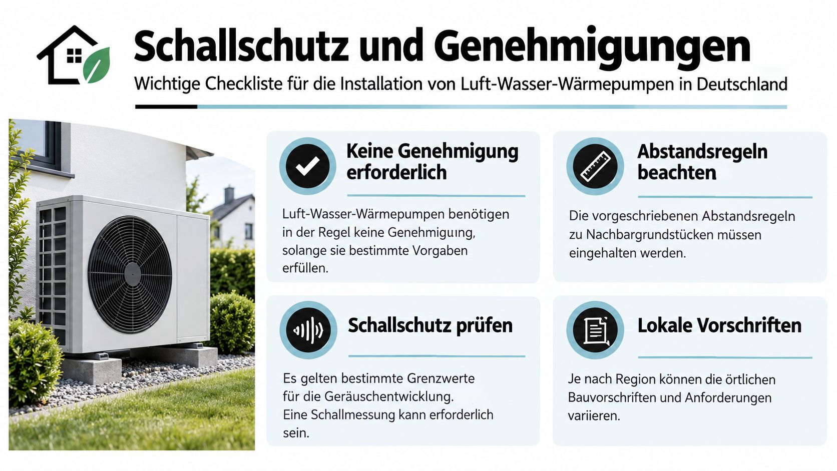Informationsgrafik zur Schallschutz-Checkliste für die Installation von Luft-Wasser-Wärmepumpen in Deutschland mit wichtigen Hinweisen zu Genehmigungen.