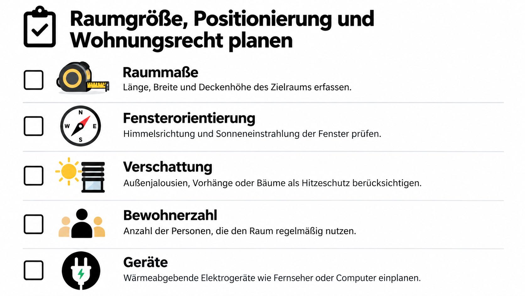 Eine Checkliste für die Planung von Raumgröße, Positionierung und Wohnungsrecht bei der Installation von Klimaanlagen in Wohnungen.