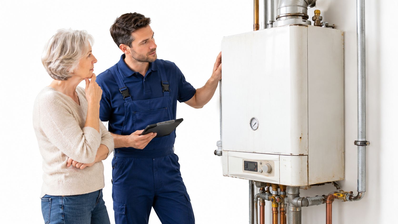 Ein Heizungsmonteur erklärt einer älteren Frau die Funktionsweise einer modernen Gasheizung während eines Vor-Ort-Termins.