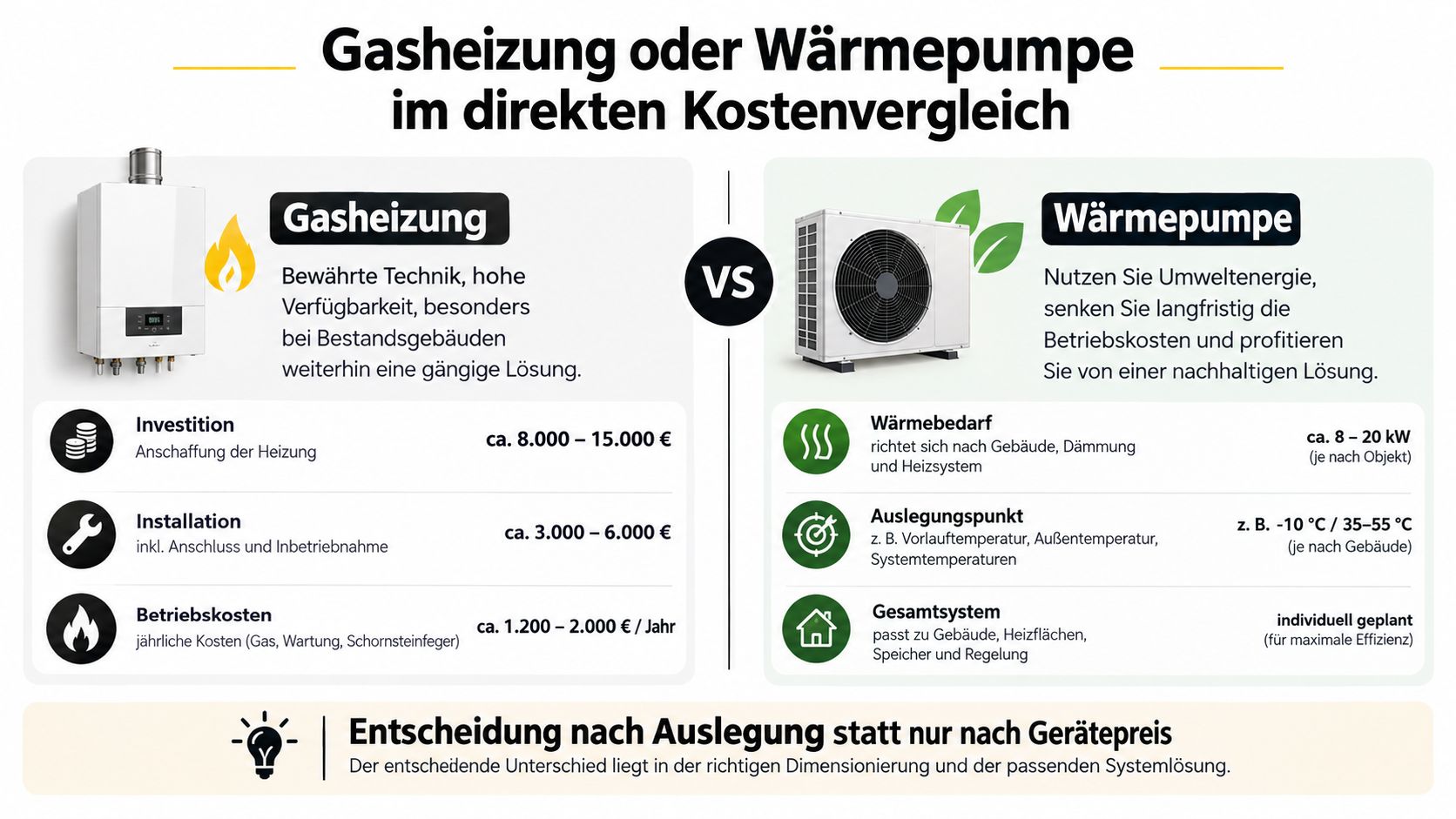 Vergleichsgrafik zwischen Gasheizung und Wärmepumpe hinsichtlich Kosten, Installation und technischer Auslegung für eine bessere Energieeffizienz im Eigenheim.
