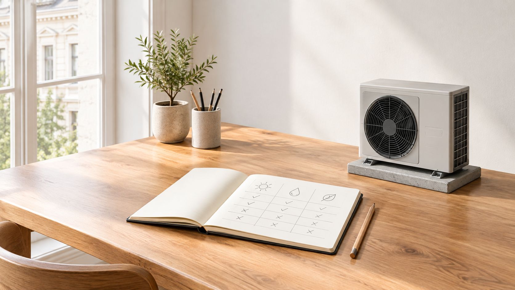Ein Schreibtisch mit einer kleinen Wärmepumpe, Notizbuch und Stiften für eine Beratung zur energetischen Sanierung im Altbau.
