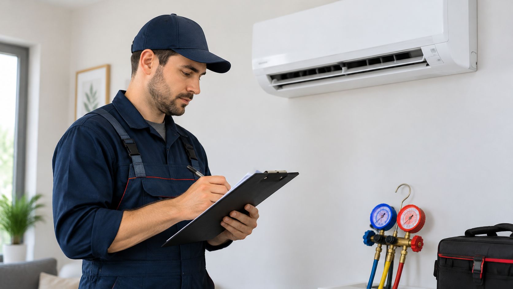Ein Techniker in Arbeitskleidung notiert Wartungsdaten für eine installierte Split-Klimaanlage auf einem Klemmbrett im Wohnraum.