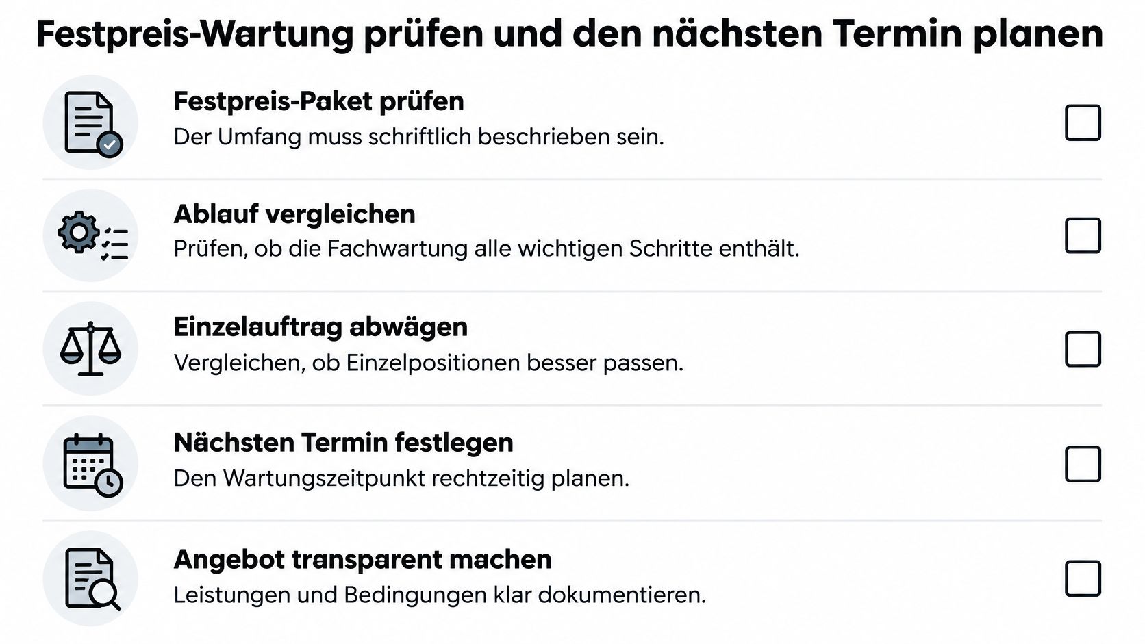 Eine Checkliste für die Prüfung von Festpreis-Wartungen und die Planung zukünftiger Wartungstermine für Klimaanlagen.