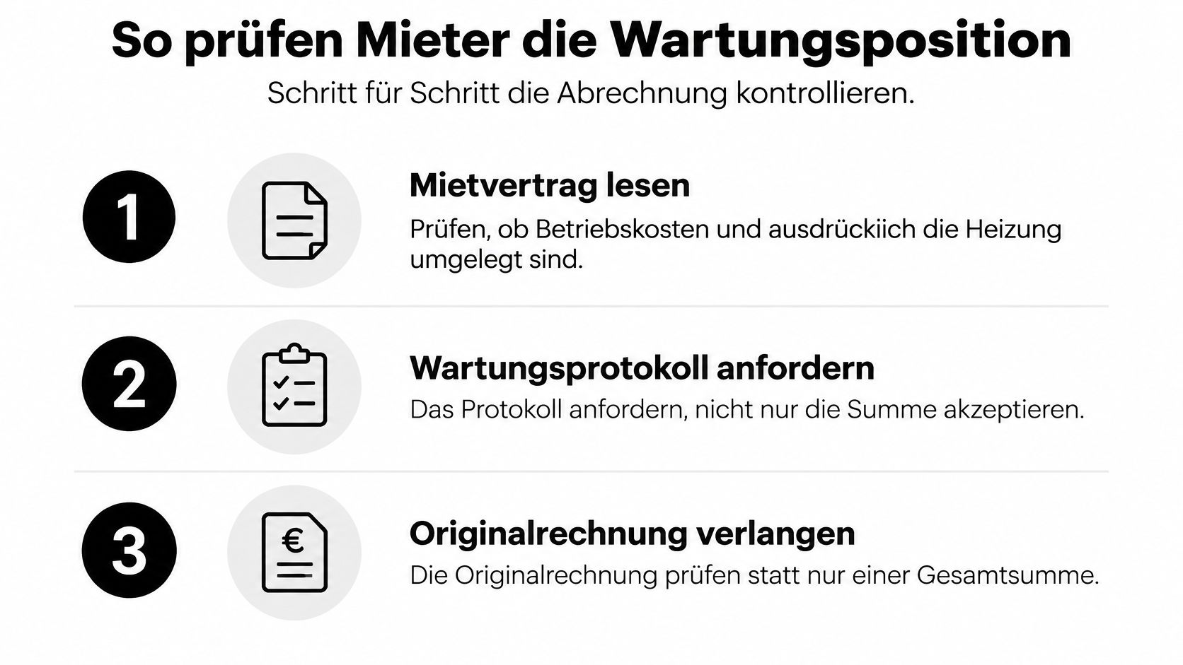 Infografik mit drei Schritten, wie Mieter die Abrechnung von Wartungskosten der Heizung überprüfen können.
