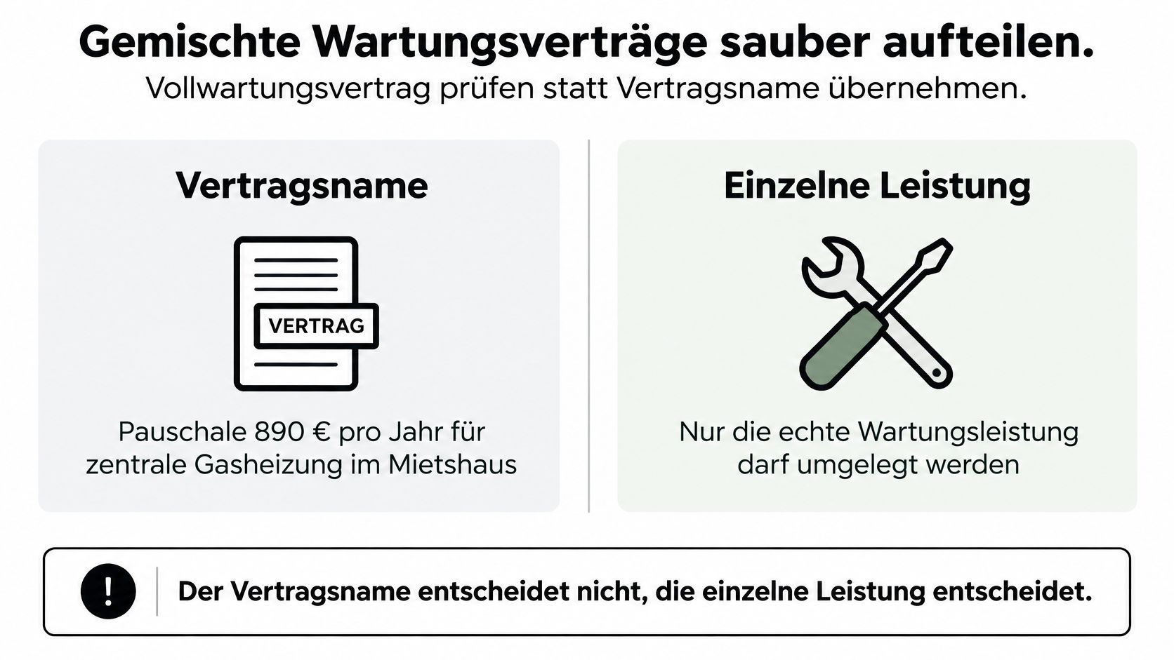 Infografik zur korrekten Abrechnung von Wartungsverträgen bei Nebenkosten für Mietshäuser nach tatsächlicher Wartungsleistung.