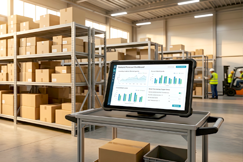 Laptop mit Dashboard "Demand Forecast" in einer Lagerhalle