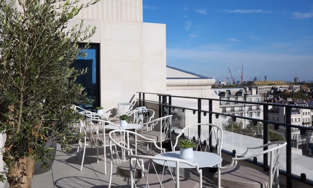 Eighth floor roof terrace for members to work and relax with unrivalled views of Hyde Park.