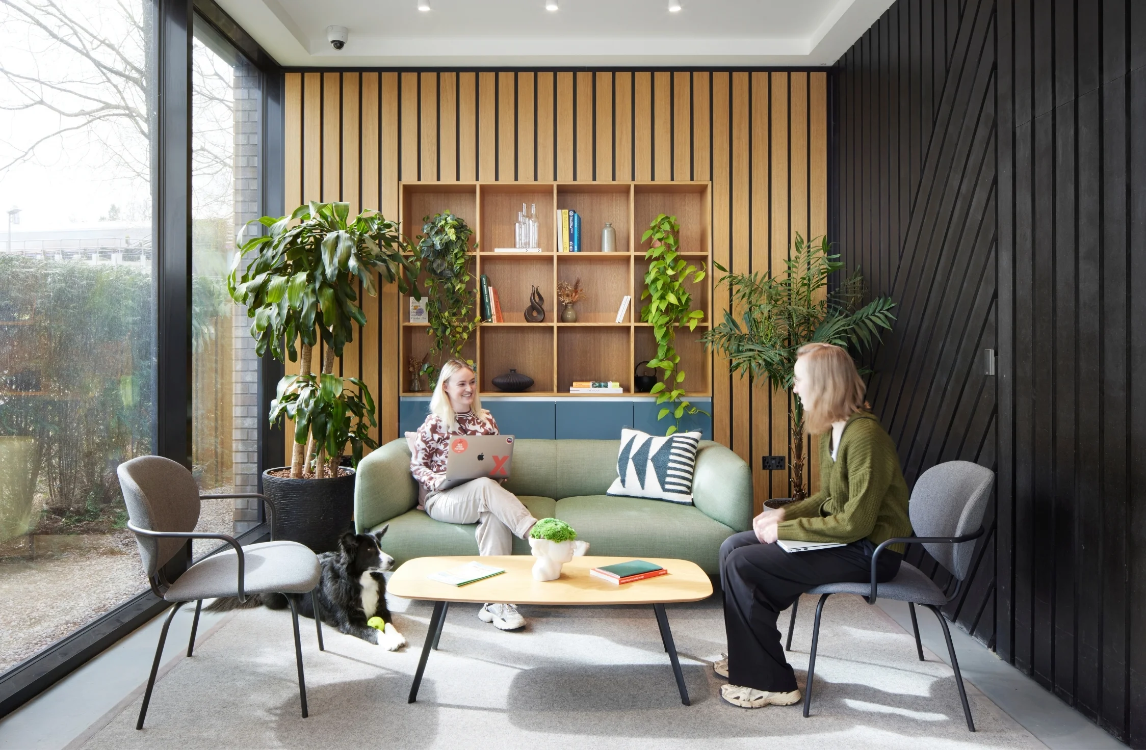 people sitting around a tree in a room with people sitting around it