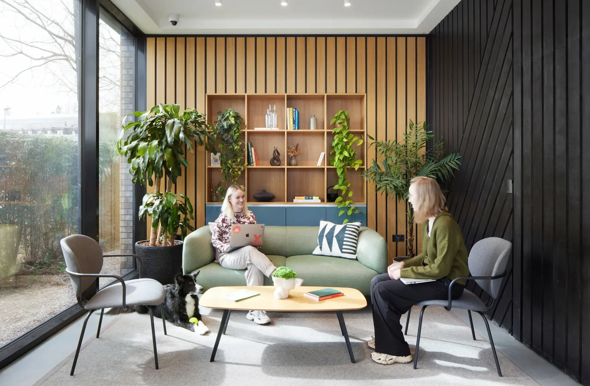 people sitting around a tree in a room with people sitting around it