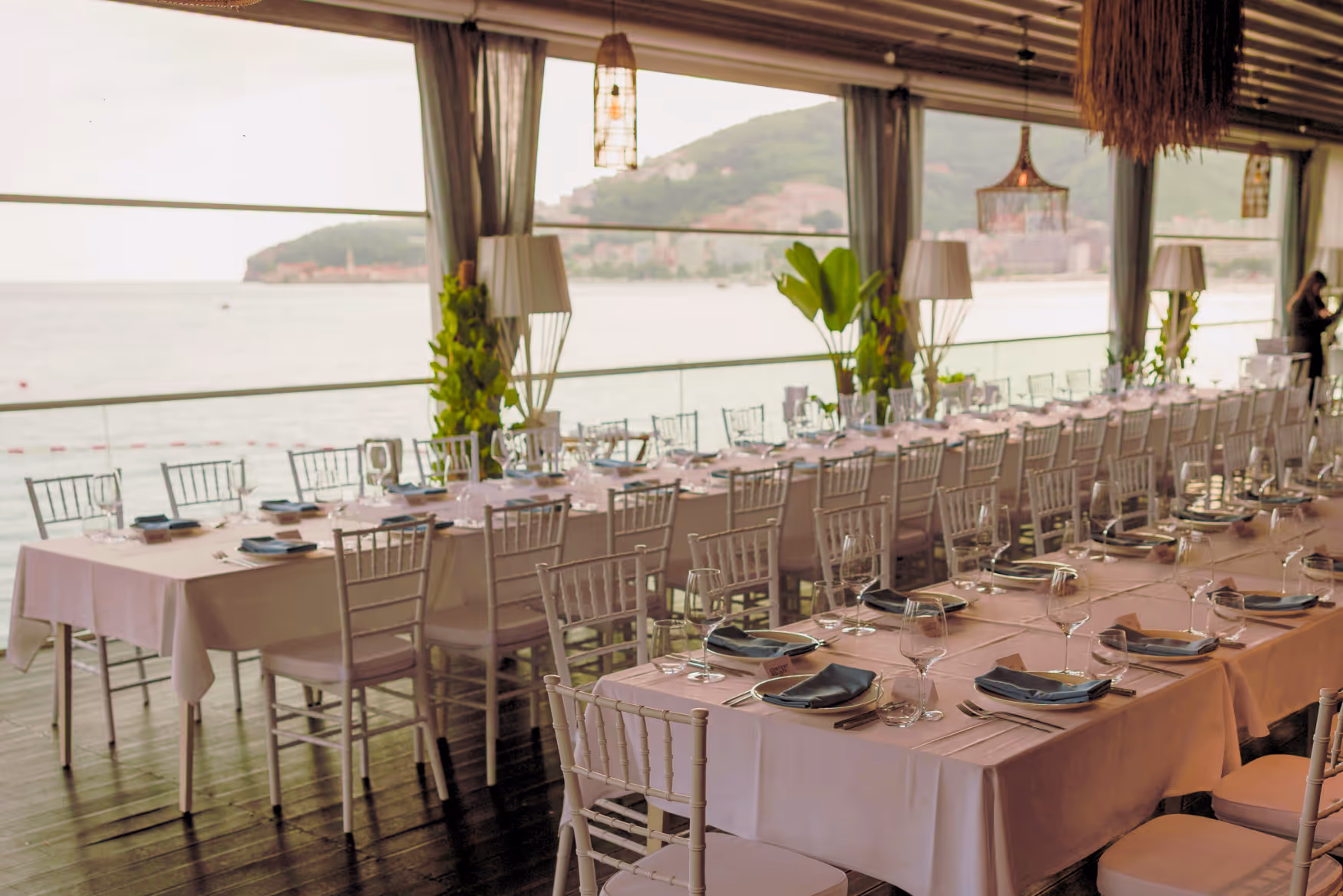 Table set-up at Dukley Seafront Restaurant for corporate celebrations or events by the sea. 