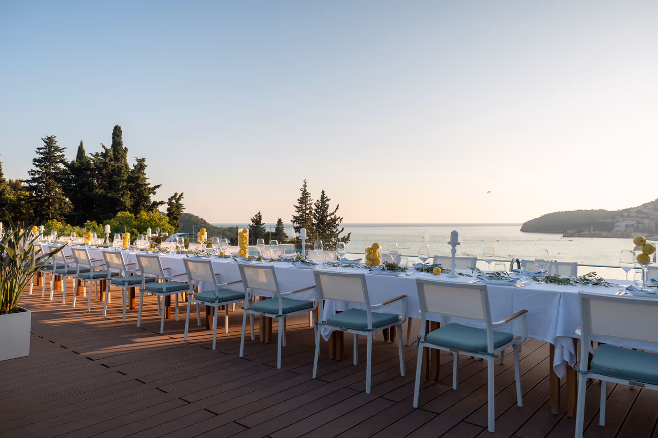 Table set-up for corporate events and incentive at Infinity Pool Club, unique setting overlooking the Adratic Sea and Budva Riviera. 