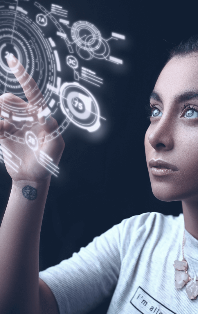 a beautiful girl taping a digital interface