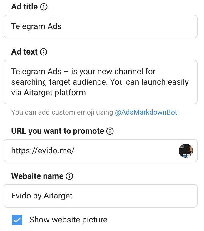 Telegram Ads. Advanced account (EURO): how to create an ad — screenshot 3