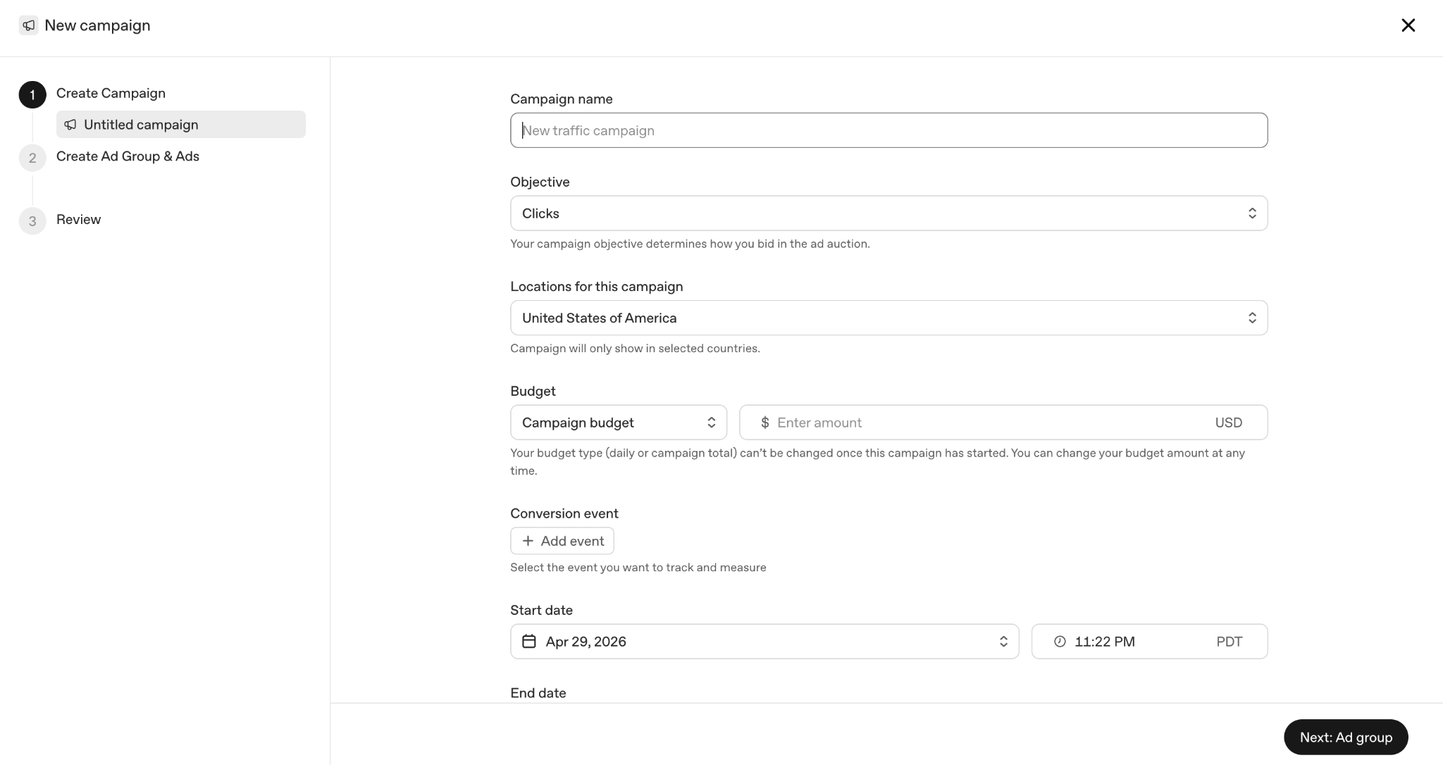 Creating a new campaign in OpenAI Ads Manager